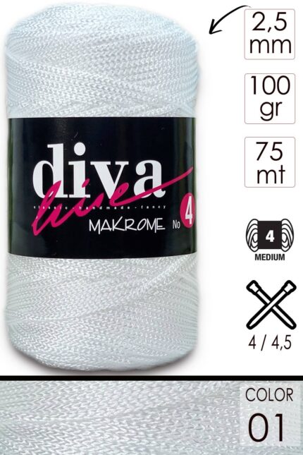 Diva Makrome İpi Kalın (No:4) 01 Beyaz ( 6 lı Paket )