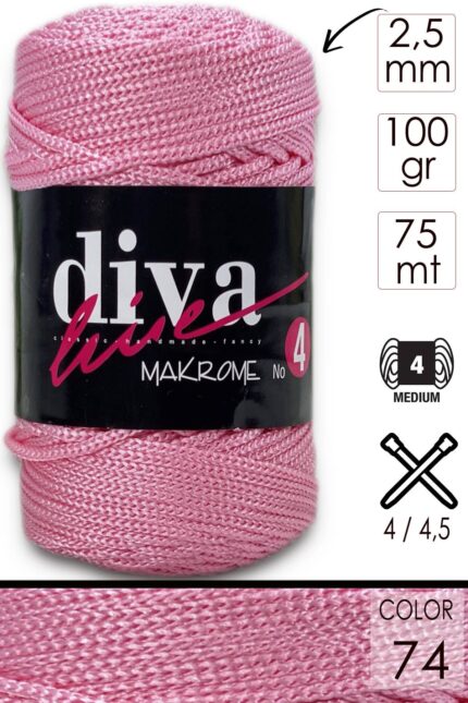 Diva Makrome İpi Kalın (No:4) 074 Gül Pembe ( 6 lı Paket )