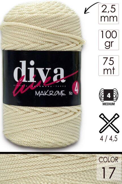 Diva Makrome İpi Kalın (No:4) 17 Krem ( 6 lı Paket )