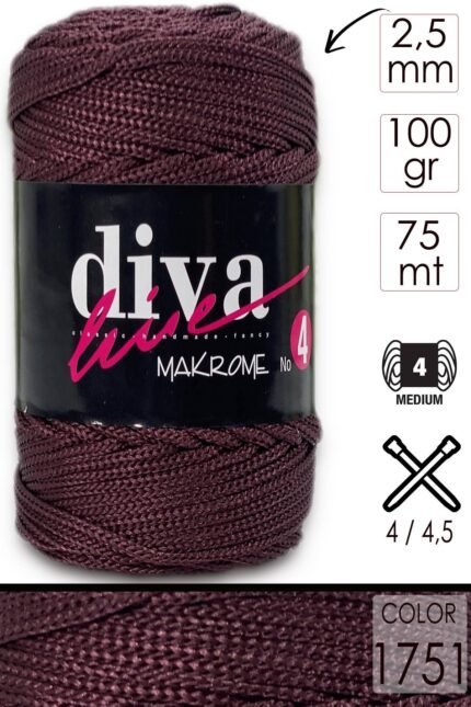 Diva Makrome İpi Kalın (No:4) 1751 Koyu Bordo ( 6 lı Paket )