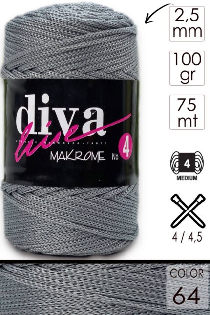Diva Makrome İpi Kalın (No:4) 64 Koyu Gri ( 6 lı Paket )