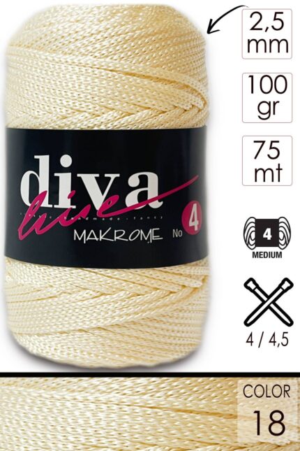 Diva Makrome İpi Kalın (No:4) 18 Krem ( 6 lı Paket )