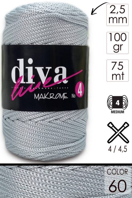 Diva Makrome İpi Kalın (No:4) 60 Gümüş ( 6 lı Paket )