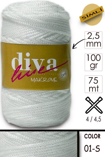 Diva Makrome İpi Simli 01S Beyaz İnci ( 6 lı Paket )