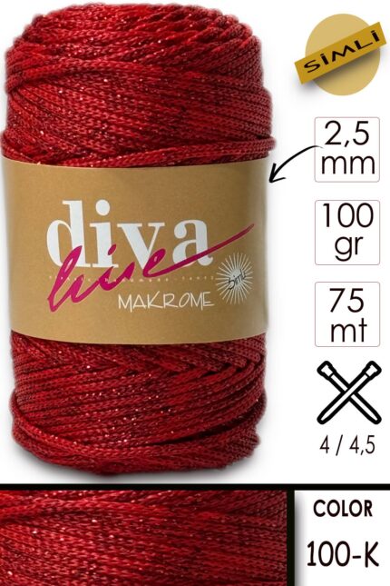 Diva Makrome İpi Simli 100K Kırmızı ( 6 lı Paket )