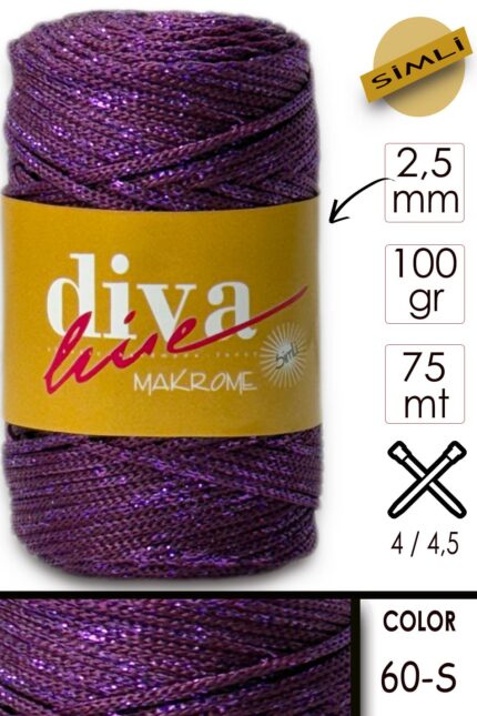 Diva Makrome İpi Simli 60S Mürdüm ( 6 lı Paket )