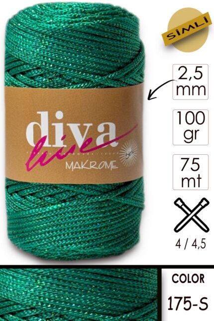 Diva Makrome İpi Simli 175S Yeşil ( 6 lı Paket )