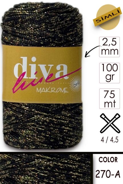 Diva Makrome İpi Simli 270A Siyah-Altın ( 6 lı Paket )