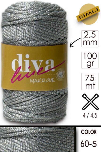 Diva Makrome İpi Simli 60S Gümüş ( 6 lı Paket )