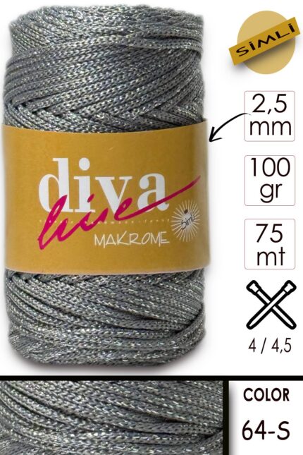 Diva Makrome İpi Simli 64S Koyu Gri-Gümüş ( 6 lı Paket )