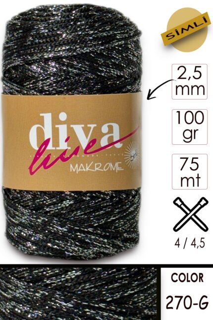 Diva Makrome İpi Simli 270G Siyah-Gümüş ( 6 lı Paket )