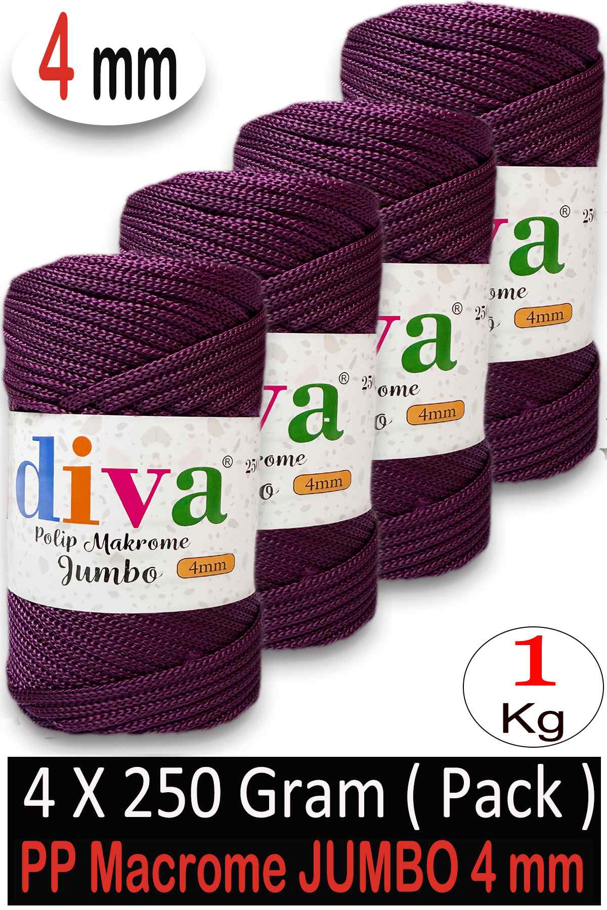 PP Makrome Jumbo 250 gr (4 mm) 160 Mürdüm ( 4 lü Paket ) - Görsel 1