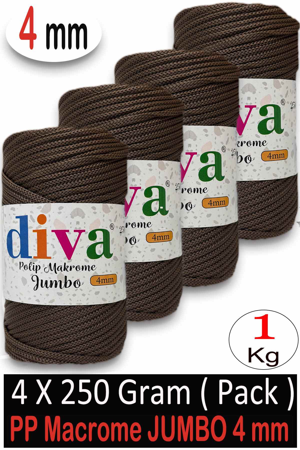 PP Makrome Jumbo 250 gr (4 mm) 208U2080 Kahverengi ( 4 lü Paket ) - Görsel 1