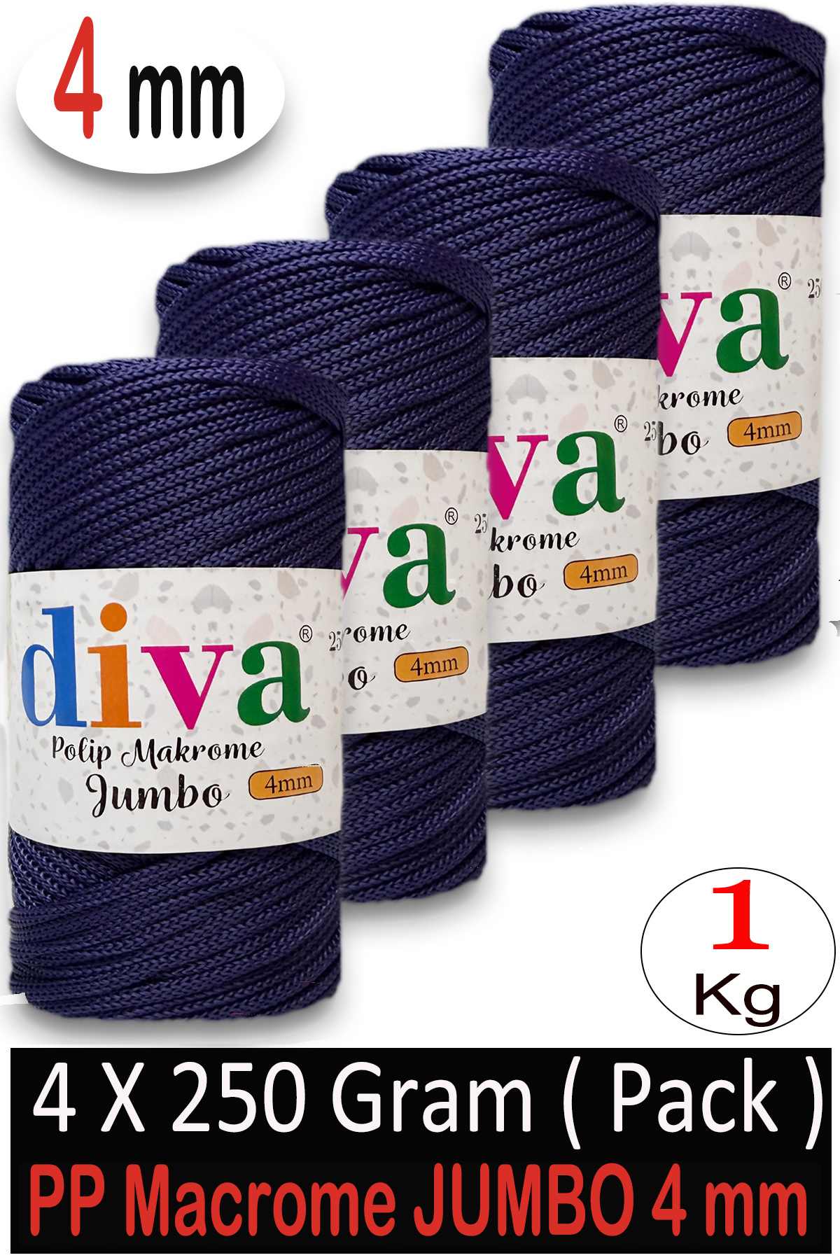 PP Makrome Jumbo 250 gr (4 mm) 262U370 Lacivert ( 4 lü Paket ) - Görsel 1