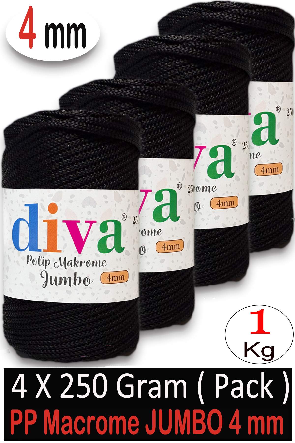 PP Makrome Jumbo 250 gr (4 mm) 270U60 Siyah ( 4 lü Paket ) - Görsel 1