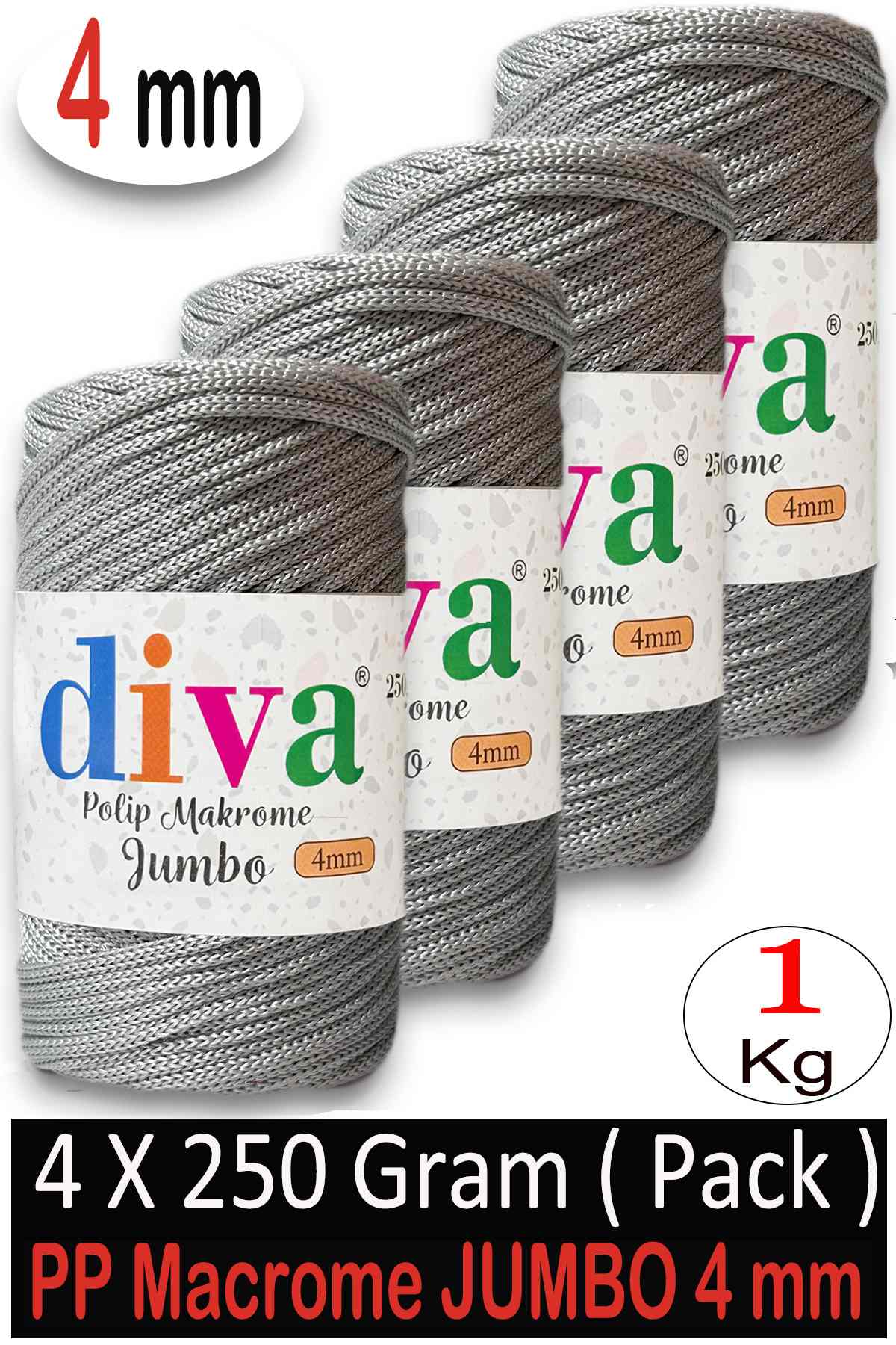 PP Makrome Jumbo 250 gr (4 mm) 60U34 Açık Gri ( 4 lü Paket ) - Görsel 1