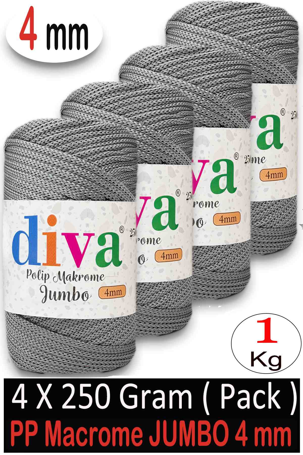 PP Makrome Jumbo 250 gr (4 mm) 62U430 Orta Gri ( 4 lü Paket ) - Görsel 1