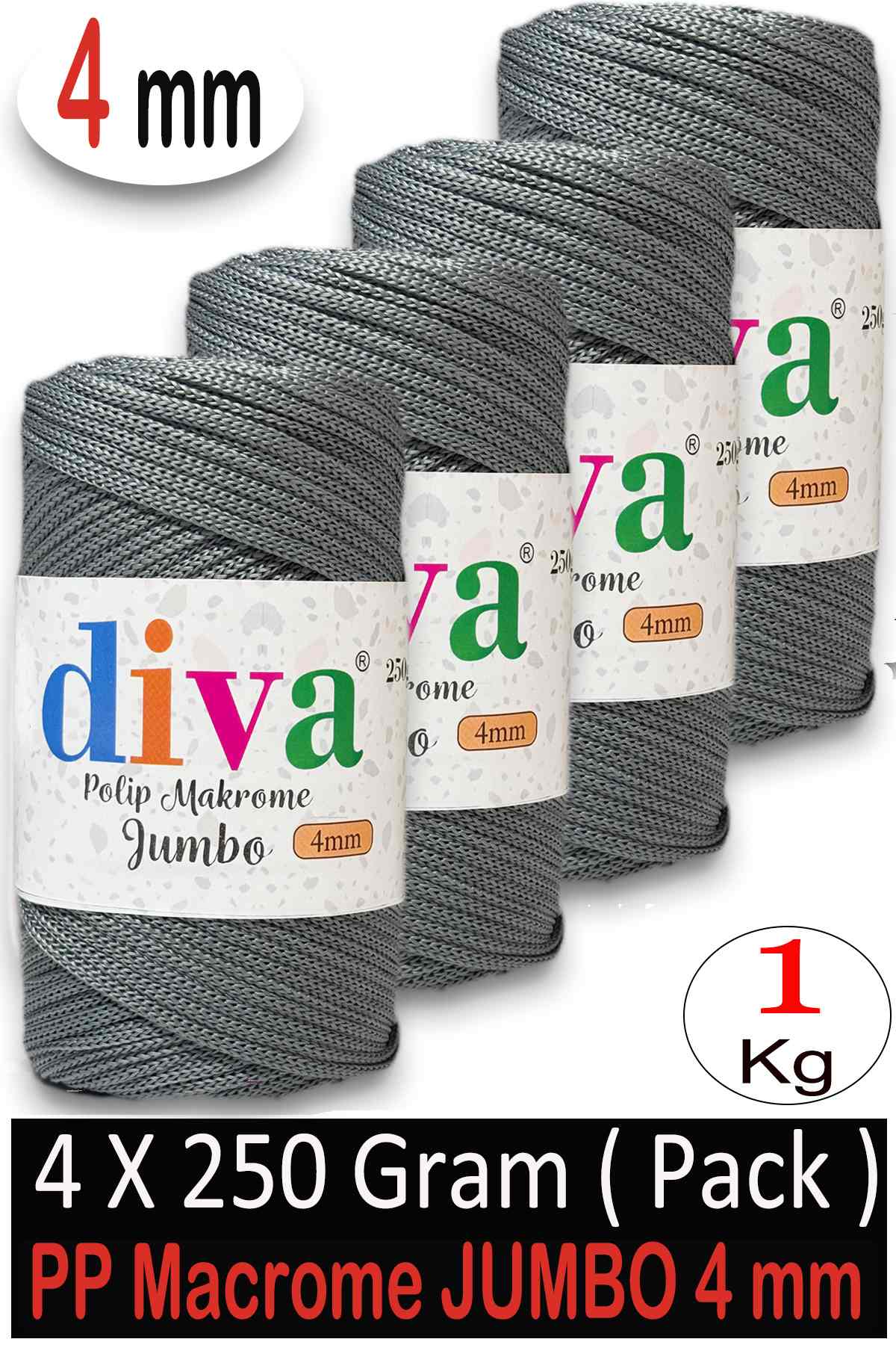 PP Makrome Jumbo 250 gr (4 mm) 64U423 Gri ( 4 lü Paket ) - Görsel 1