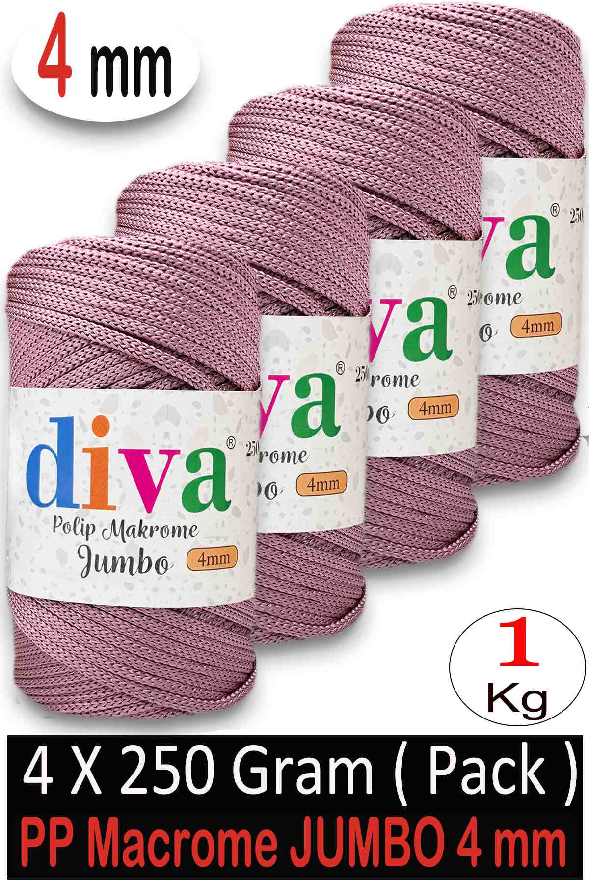 PP Makrome Jumbo 250 gr (4 mm) 90U350 Gül Kurusu ( 4 lü Paket ) - Görsel 1