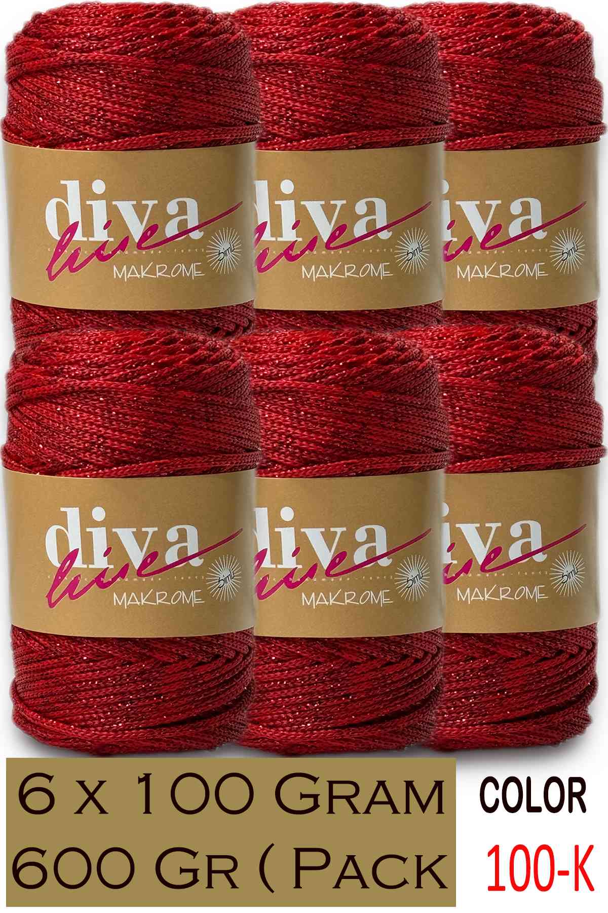 Diva Makrome İpi Simli 100K Kırmızı ( 6 lı Paket ) - Görsel 1