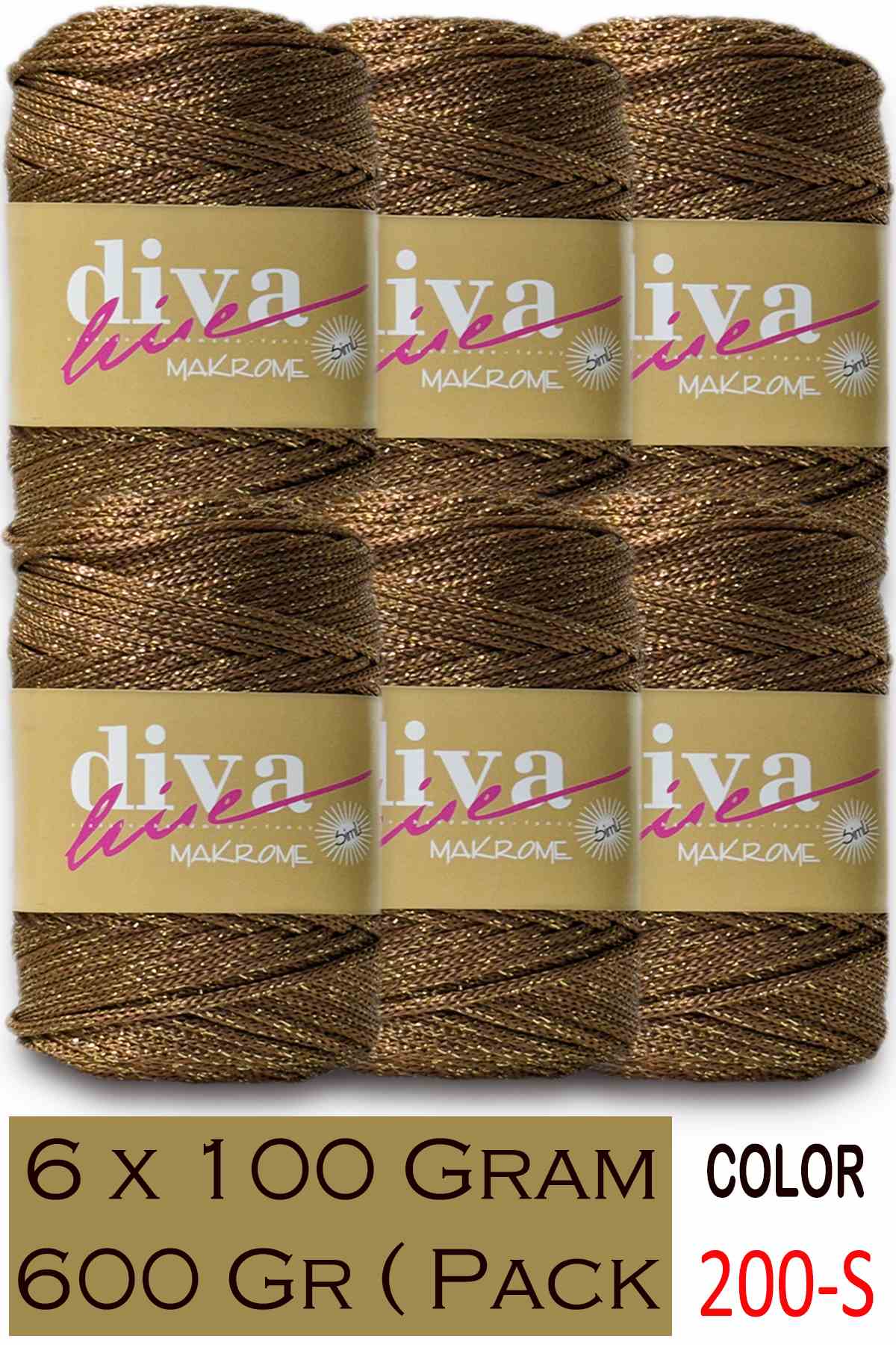 Diva Makrome İpi Simli 200S Kahverengi ( 6 lı Paket ) - Görsel 1