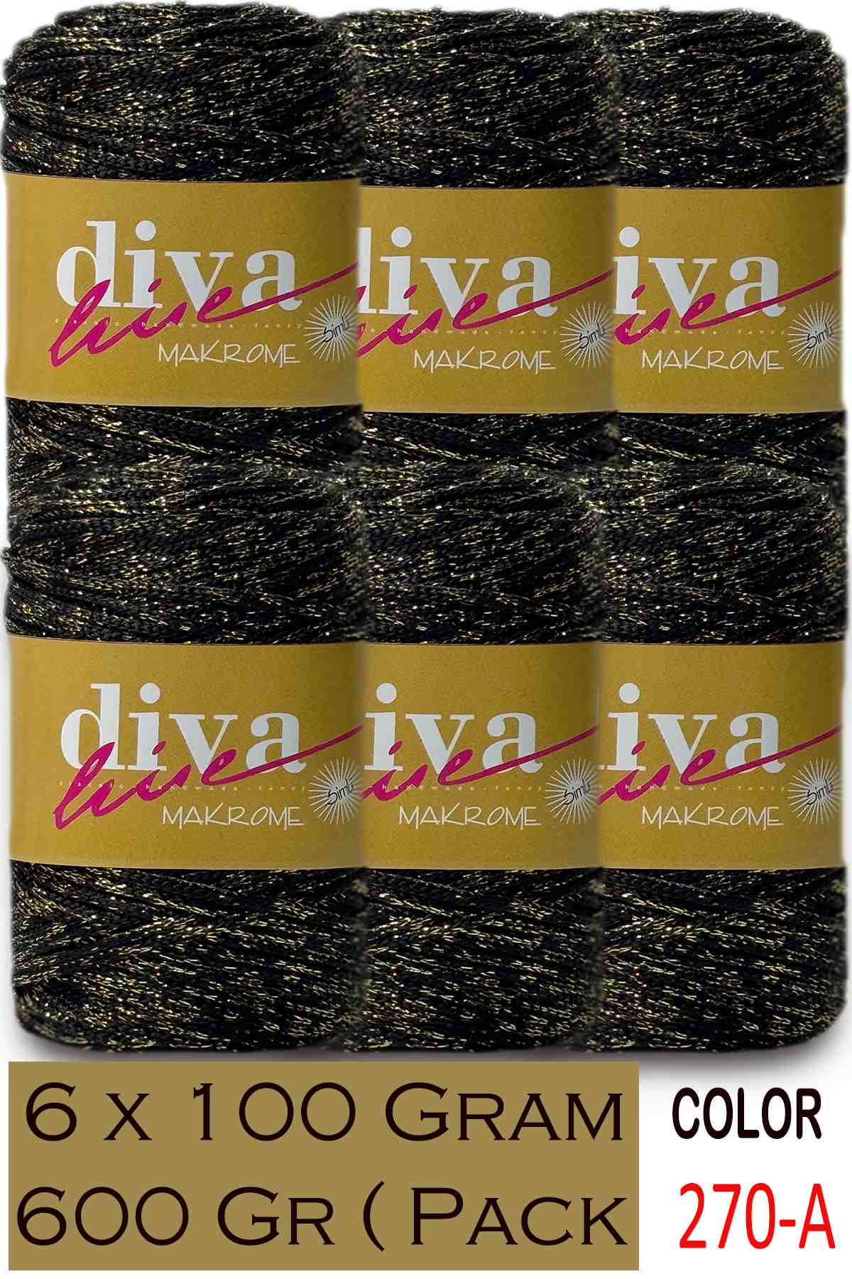 Diva Makrome İpi Simli 270A Siyah-Altın ( 6 lı Paket ) - Görsel 1