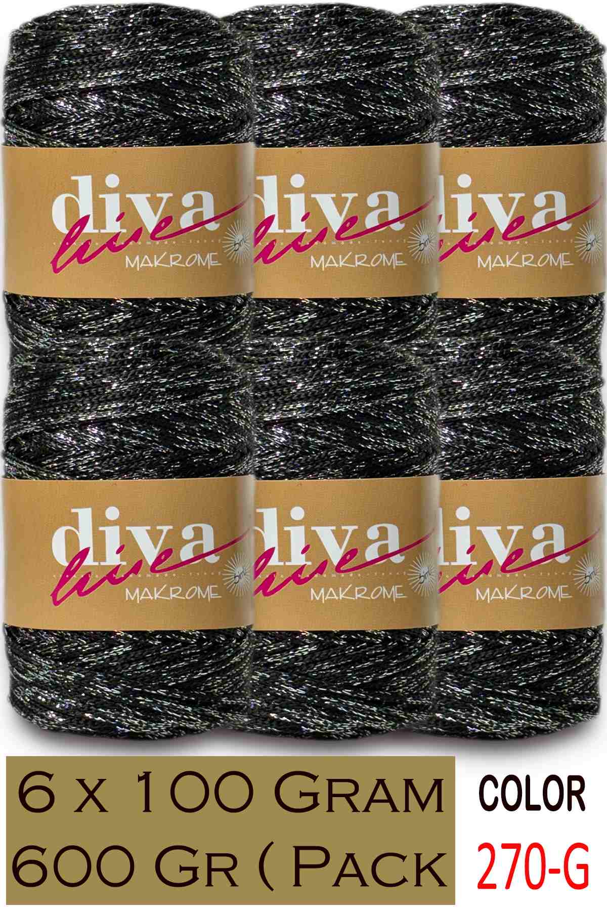 Diva Makrome İpi Simli 270G Siyah-Gümüş ( 6 lı Paket ) - Görsel 1