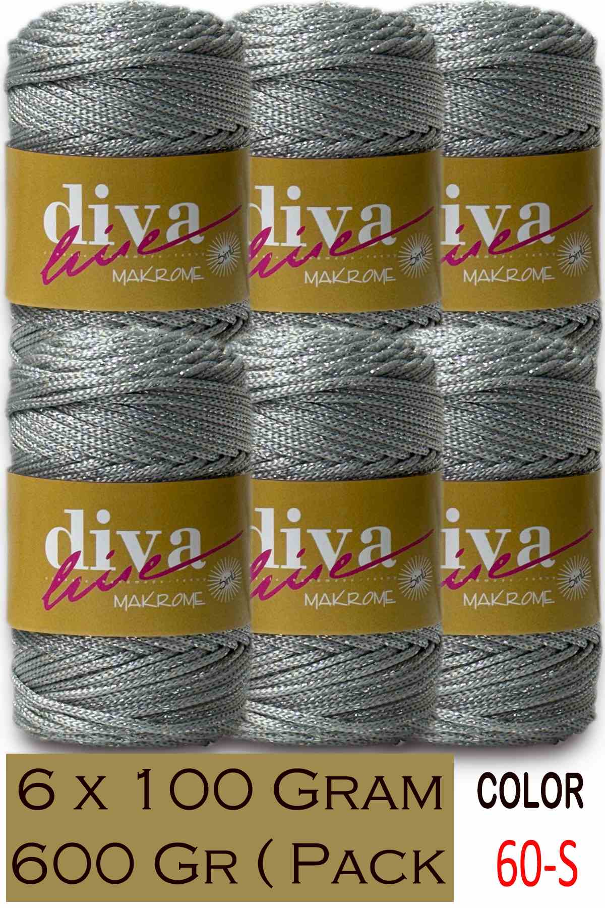 Diva Makrome İpi Simli 60S Gümüş ( 6 lı Paket ) - Görsel 1