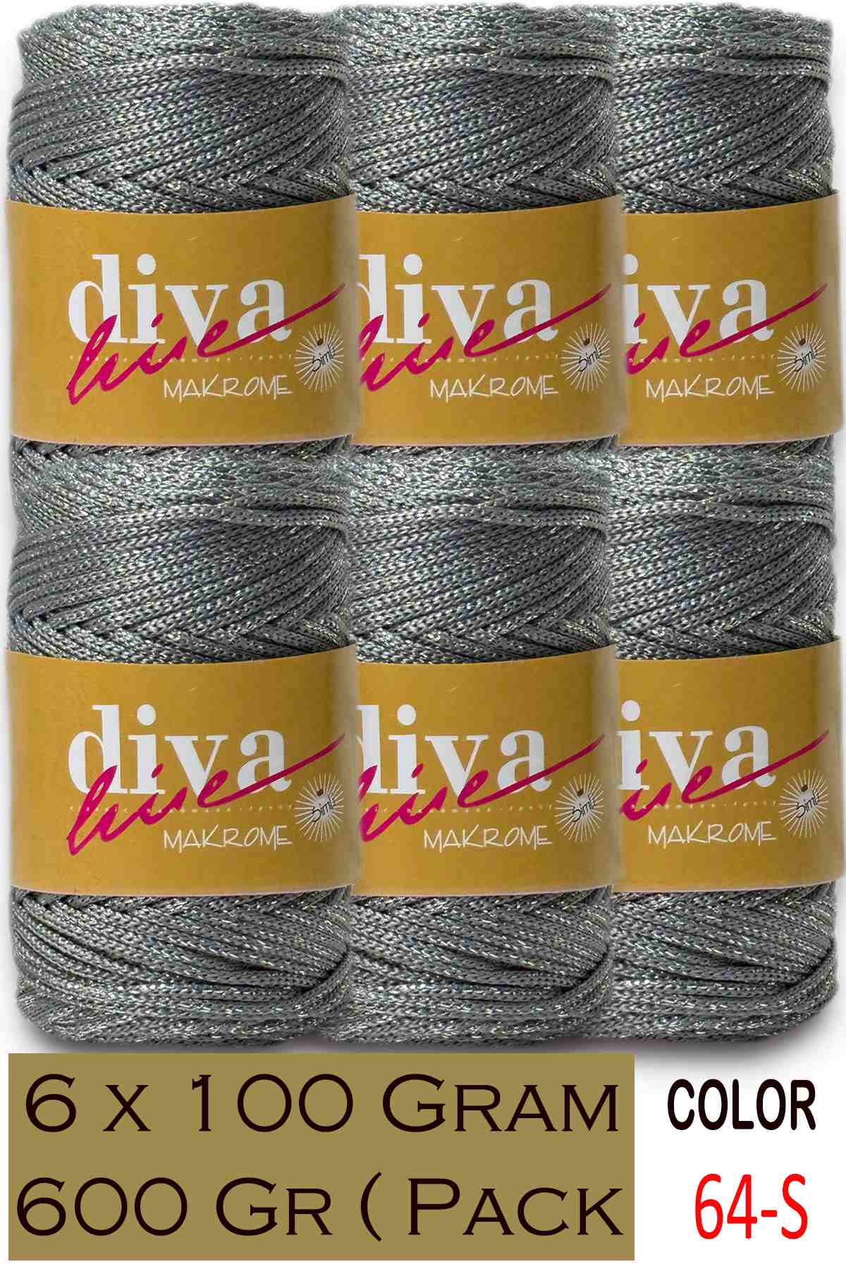 Diva Makrome İpi Simli 64S Koyu Gri-Gümüş ( 6 lı Paket ) - Görsel 1