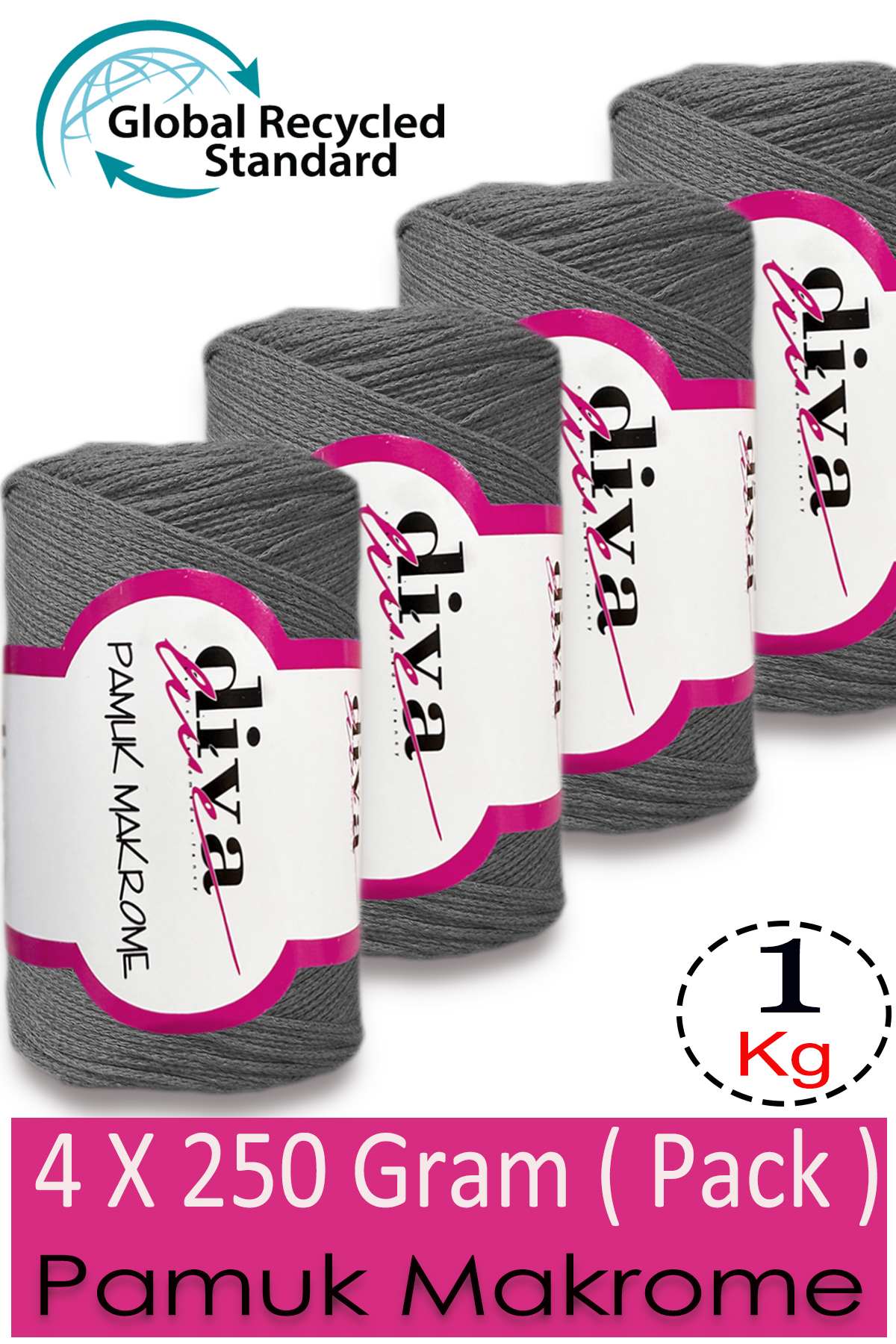 Diva Pamuk Makrome 194 Orta Gri ( 4 lü Paket) - Görsel 1
