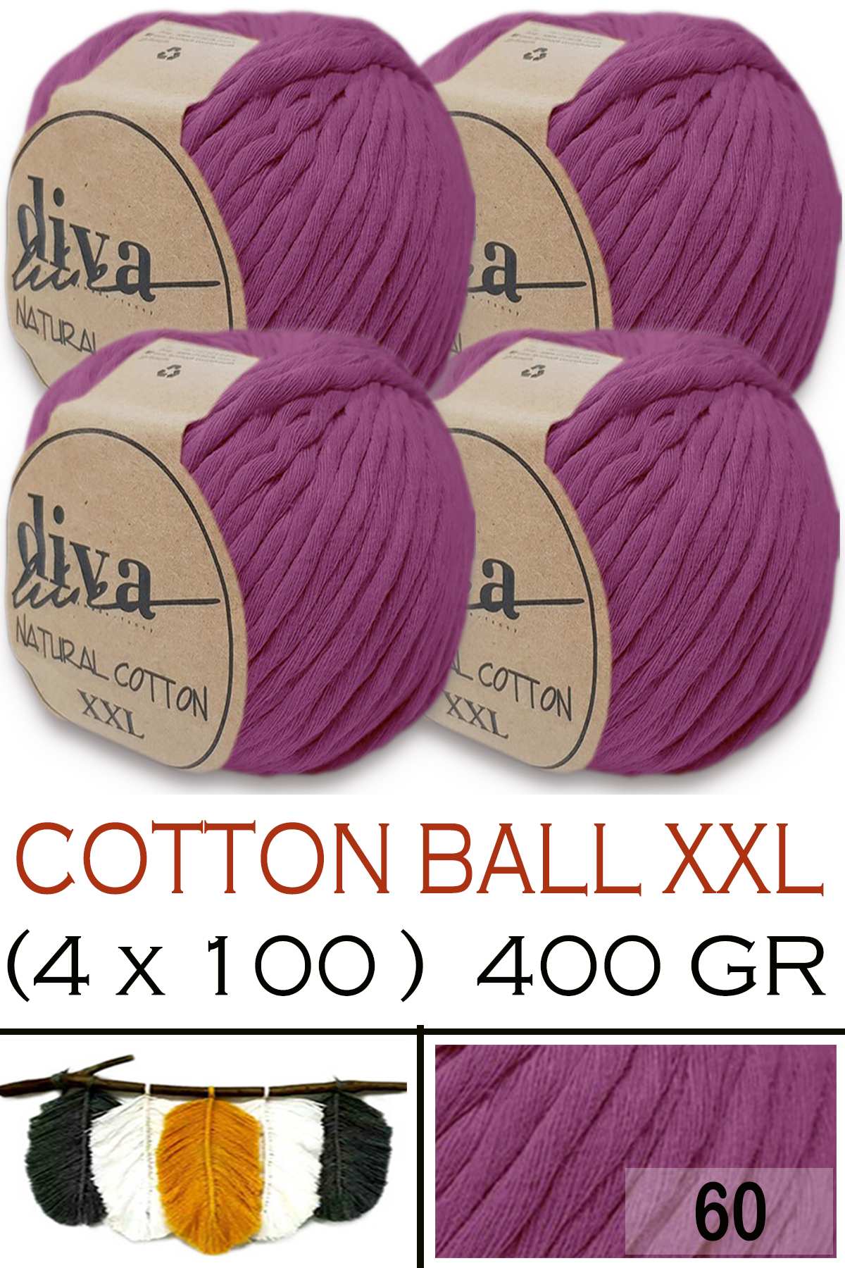 Diva Natural Cotton XXL 60 Mürdüm (4 lü Paket) - Görsel 1